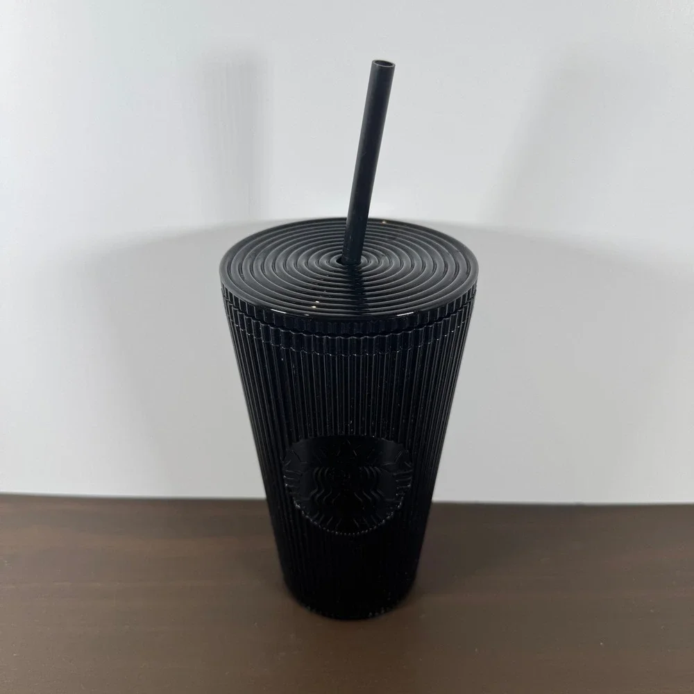 Starbucks Black Pleated Tumbler 16oz Cold Cup Grande Matte Lid Straw Coffee 2024